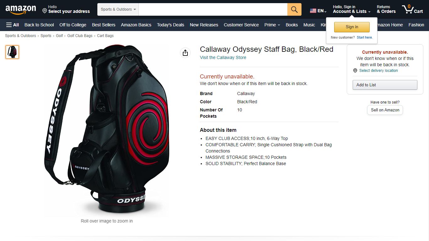 Amazon.com : Callaway Odyssey Staff Bag, Black/Red : Golf Cart Bags ...